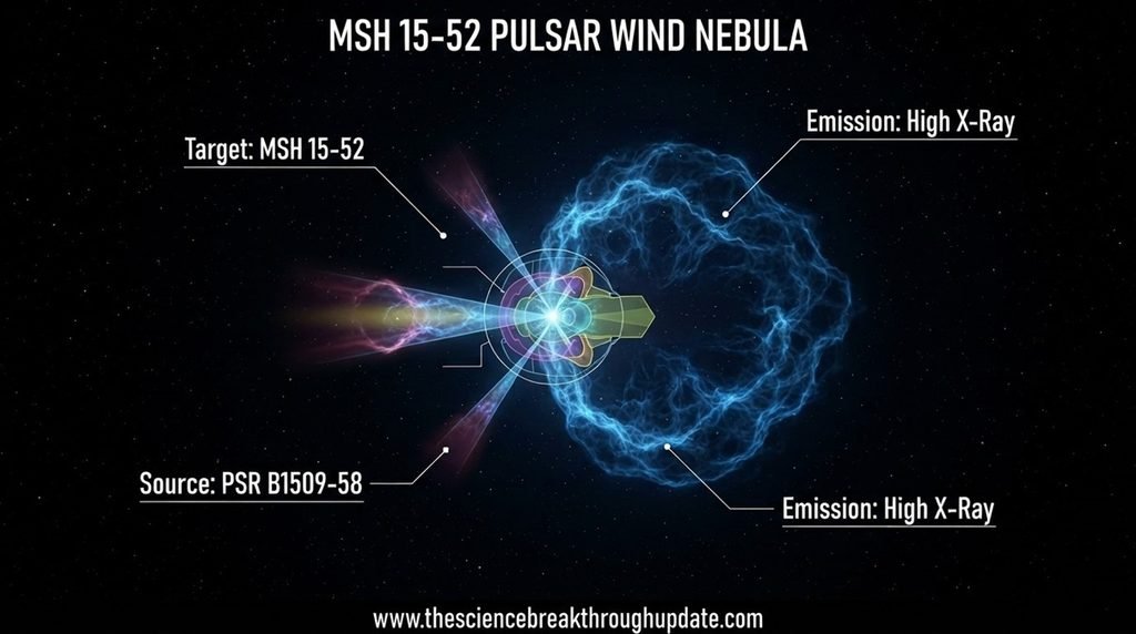 Technical science infographic diagram of the MSH 15-52 pulsar wind nebula showing target PSR B1509-58 source and high X-ray emission regions