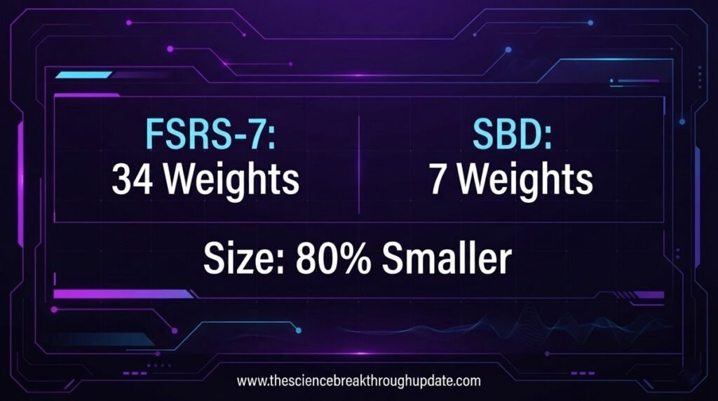 Statistical data chart comparing the 7 parameter weights and 80 percent smaller size of the SBD memory model against FSRS-7
