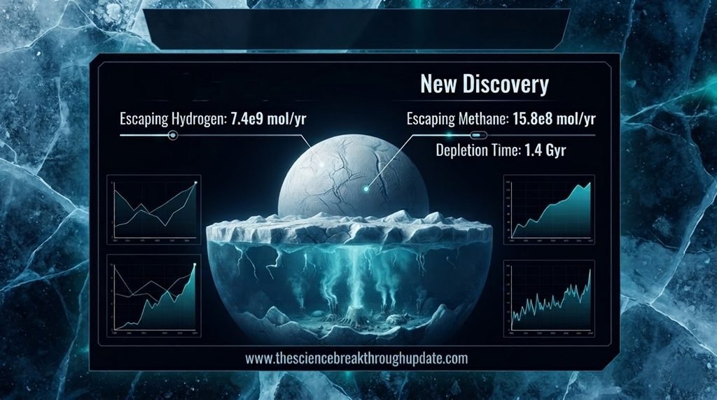 Technical science infographic grid displaying astronomical gas escape data metrics for hydrogen and methane inside Enceladus ocean
