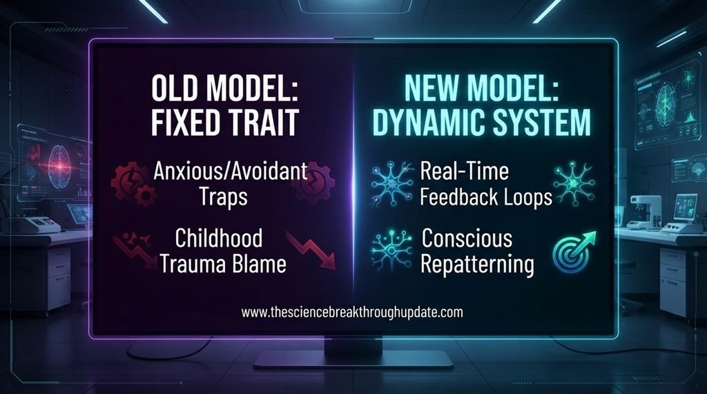 Split-screen cognitive science infographic comparing fixed relationship traits versus dynamic systems with real-time feedback loops and conscious repatterning labels.