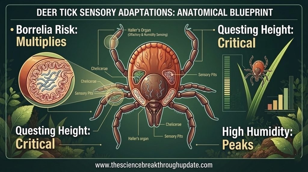   Technical wildlife blueprint infographic displaying minimal text data on tick questing heights and Borrelia risk under varying environmental humidity.
