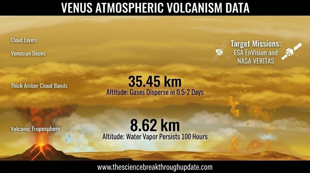 Scientific infographic tracking Venus volcanism data comparing atmospheric gas persistence times at low altitude versus high altitude in Earth hours alongside core metric facts.