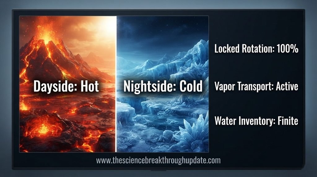  Technical comparison infographic charting wind circulation patterns and water transport systems between day and night sides of an exoplanet.