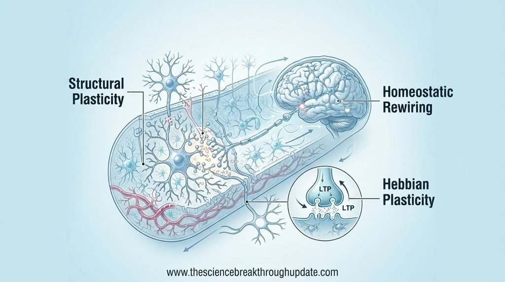 Detailed cross-section blueprint schematic infographic showing biological parameters of adult brain rewiring rates before and after targeted stimulation