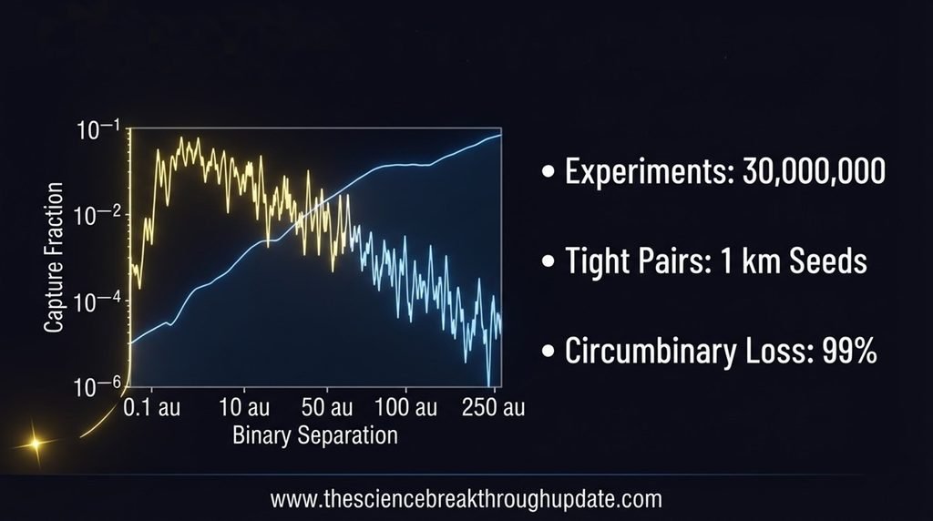 Space science infographic graph displaying 30 million experiments and 99 percent circumbinary loss metrics