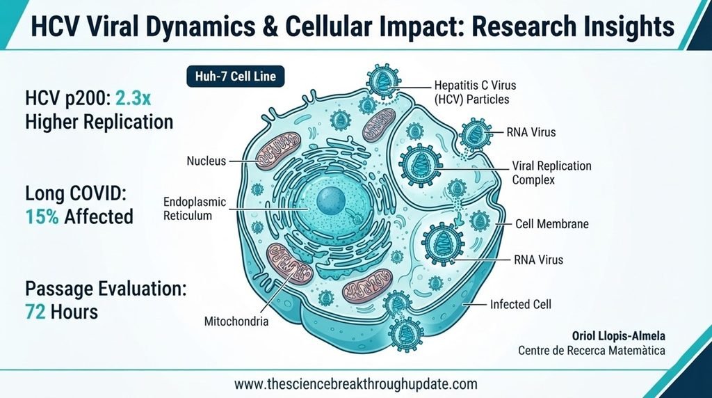 Medical cross-section infographic comparing replication kinetics and viral persistence metrics between different RNA virus fitness profiles
