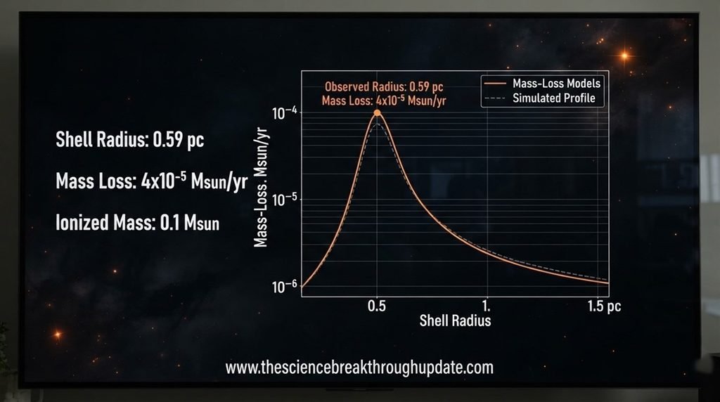  Statistical dashboard infographic comparing the mass loss rate and parsec-scale circumstellar shell radius of hypergiant star VX Sagittarii.
