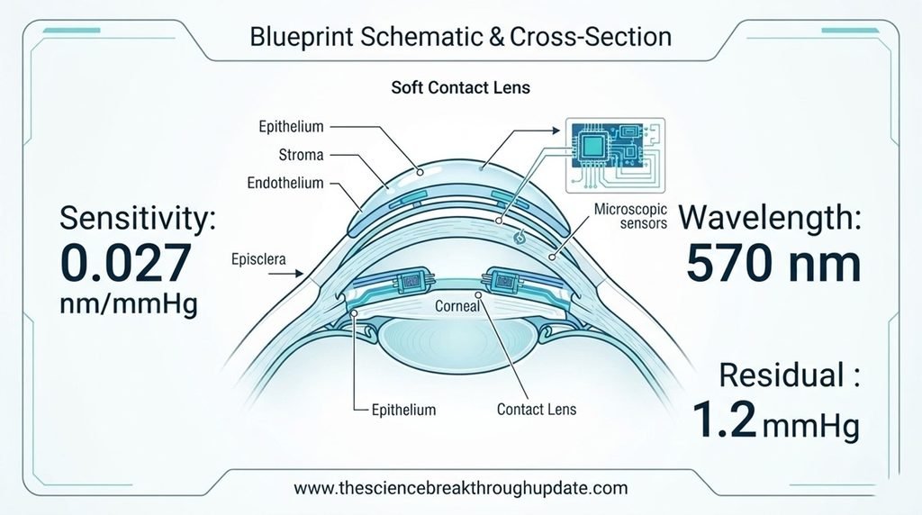  Technical cross-section blueprint schematic infographic displaying a 0.027 nm/mmHg laser sensitivity shift, 570 nm target wavelength, and 1.2 mmHg calibration residual metrics for continuous eye tracking.
