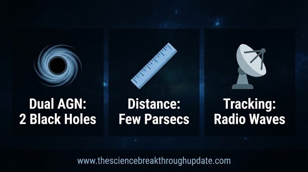 Astronomical FAQ infographic with subject icons explaining dual active galactic nuclei metrics and radio tracking.