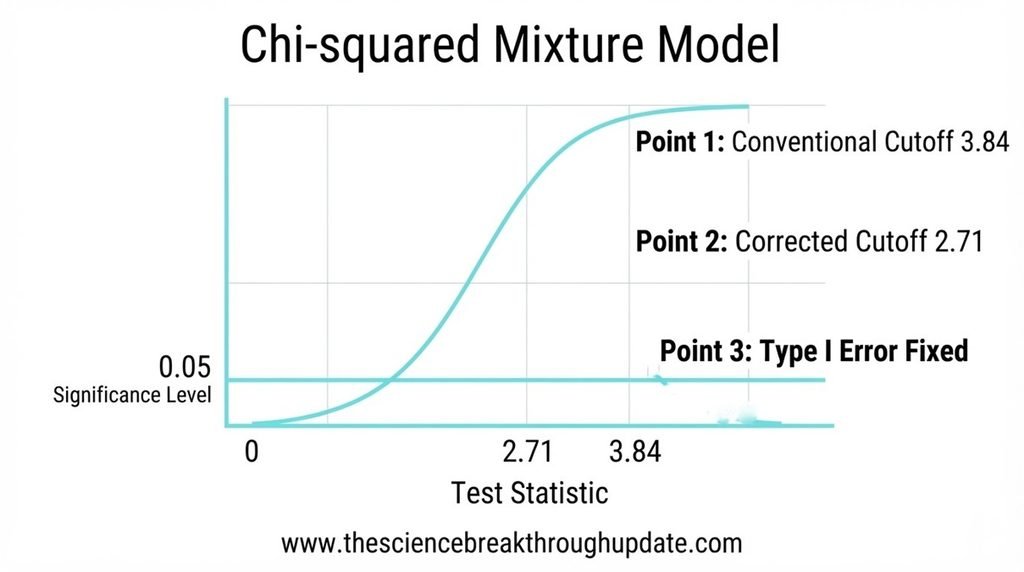 A professional probability density curve infographic under clinical white lighting comparing the standard 3.84 cutoff against the corrected 2.71 statistical boundary parameter distribution with explicit X and Y axis numeric labels.