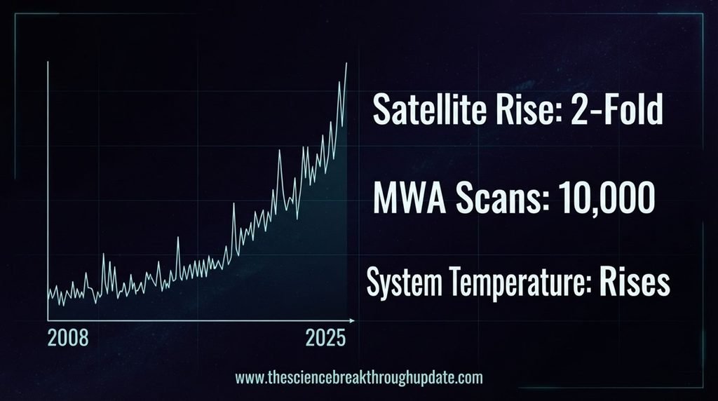 Space science infographic graph showing a two fold satellite rise from 2008 vs 2025 across ten thousand MWA observations causing system temperature to rise.