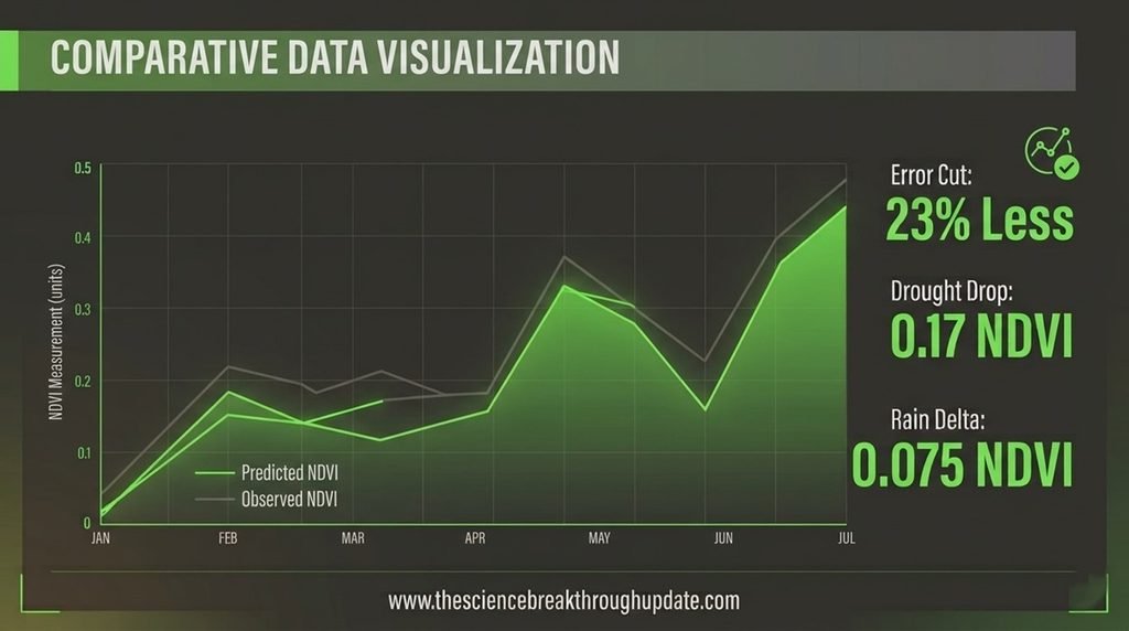Comparative data visualization line chart displaying 23 percent less error cut and 0.17 NDVI drought drop metrics