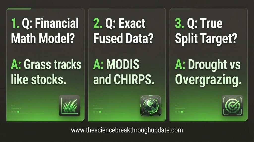 Educational FAQ infographic layout showcasing three data blocks detailing satellite vegetation processing and drought vs overgrazing targets
