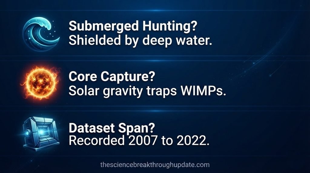Educational FAQ explainer layout screen featuring themed subject icons for deep ocean tracking, solar core WIMP gravity capture, and ANTARES particle constraint limits.