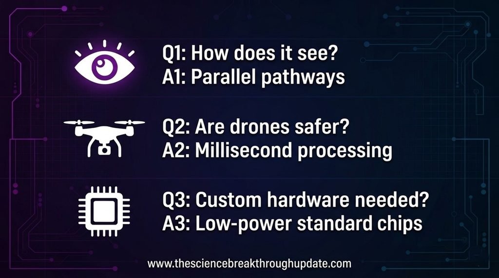 Educational science explainer infographic text detailing responses to frequently asked questions about low power bio-inspired computer vision software algorithms