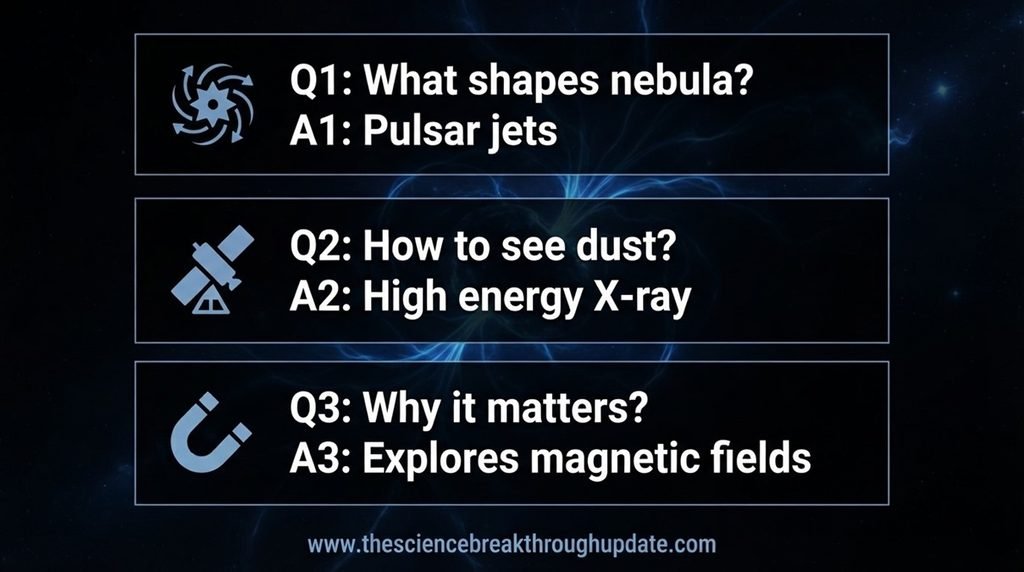  Educational science FAQ infographic explainer answering core questions about pulsar jets and high energy X-ray mapping of the Hand of God nebula
