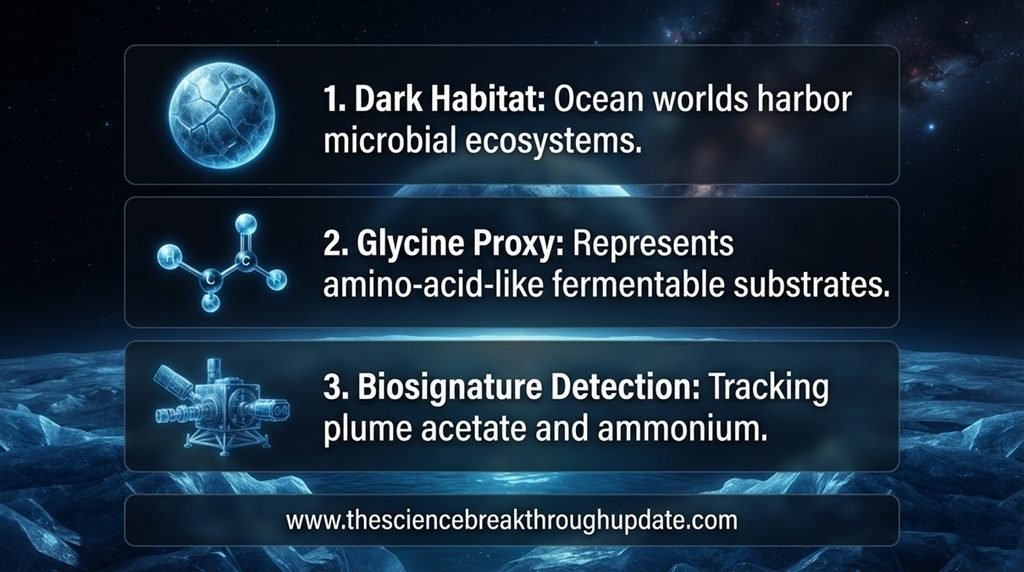 Planetary science educational infographic chart with space icons explaining Enceladus dark habitat ocean model and biosignatures