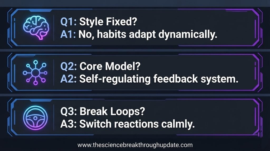 Three-block educational FAQ infographic explaining romantic attachment style updates, cybernetic models, and toxic relationship loop adjustments with customized icons.