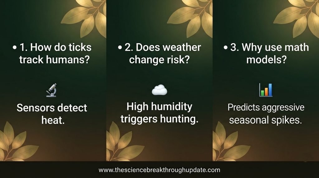  Educational FAQ explainer layout with customized subject icons breaking down tick sensory tracking, weather impacts, and predictive mathematical health models.
