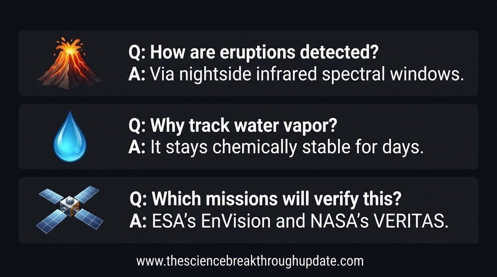 Educational space science FAQ infographic block explaining the detection methods of Venus volcanism using subject-specific icons for volcanoes, water vapor, and planetary orbiters.