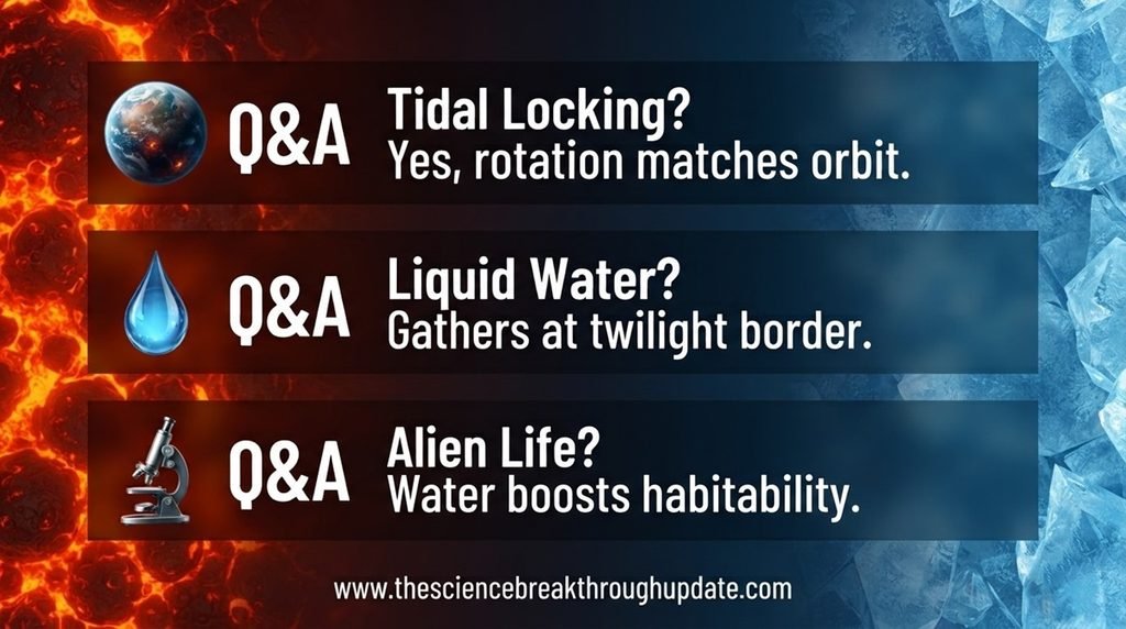 Educational FAQ explainer layout with subject icons detailing exoplanet orbital locking mechanics, twilight zone water retention, and astrobiology habitability criteria.
