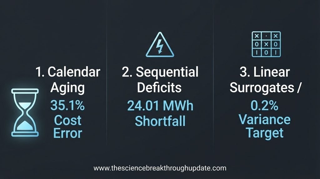 Three-part visual FAQ infographic explainer sharing verified metrics on calendar degradation, model sequencing errors, and linear surrogates for grid battery modeling.