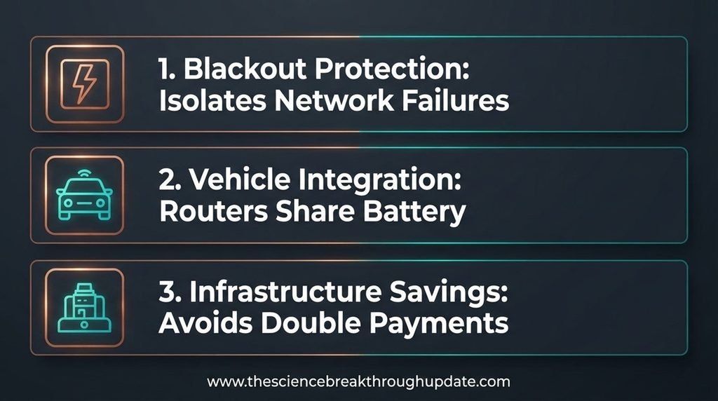  Educational FAQ infographic layout outlining blackout protection parameters vehicle battery integration capabilities and direct structural infrastructure cost savings.
