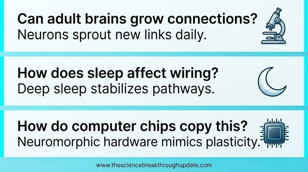 Educational explainer infographic listing structural plasticity questions and answers with custom topic icons
