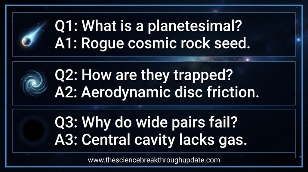 Visual educational FAQ infographic explainer layout detailing binary star planetesimal capture facts with matching space icons