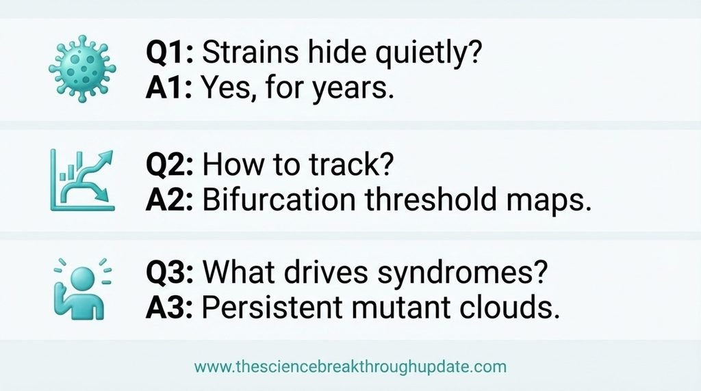 Three-block educational FAQ infographic explaining asymptomatic viral survival thresholds and persistent mutant cloud characteristics using clean icons