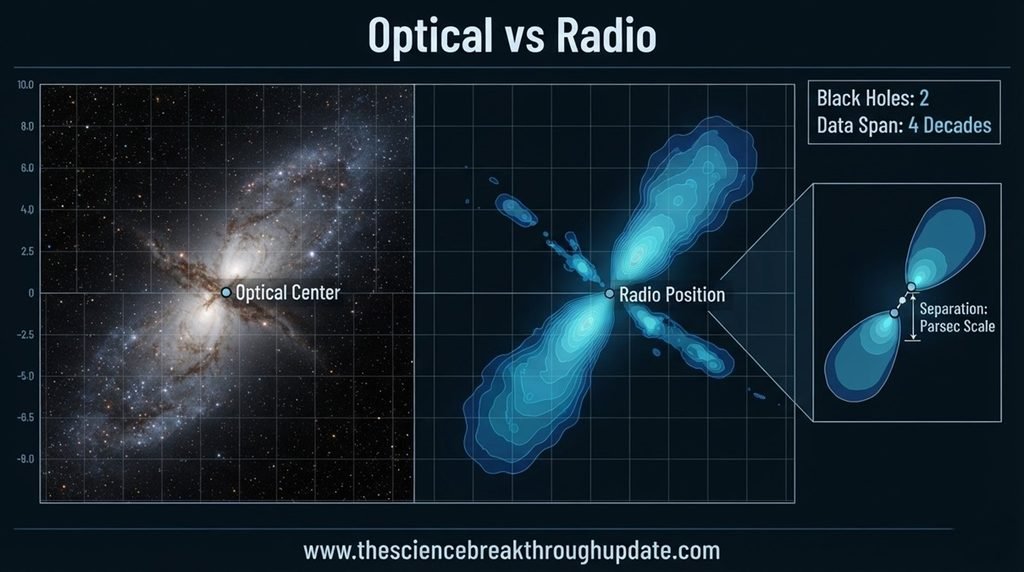 Astro-data dashboard displaying parsec-scale offsets between optical center and radio position of supermassive black holes.