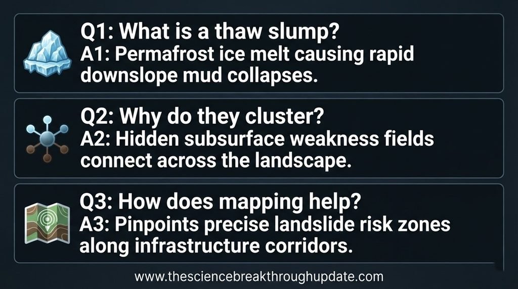 Visual FAQ explainer infographic screen answering core questions on permafrost thaw slump mechanisms, spatial clustering causes, and terrain risk monitoring applications with custom subject icons.