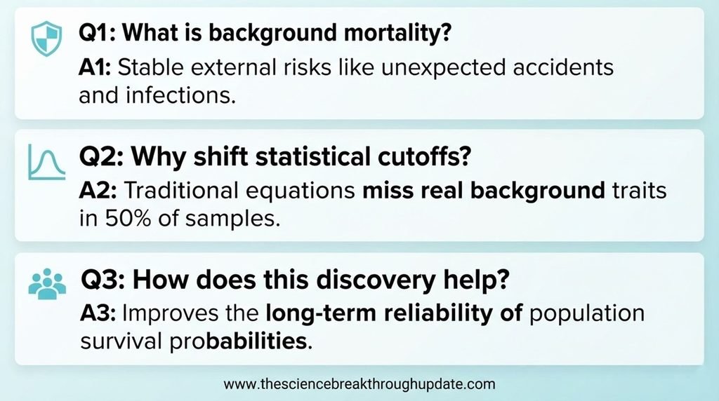 An educational FAQ infographic screen with matching medical icons explaining background mortality, statistical critical cutoff shifts, and long-term population survival calculations.