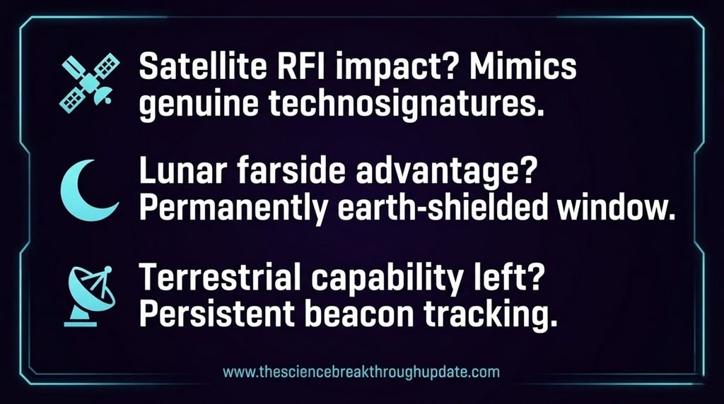 Educational FAQ infographic block explaining the impact of satellite RFI on alien signals and why the lunar farside provides an earth shielded window.