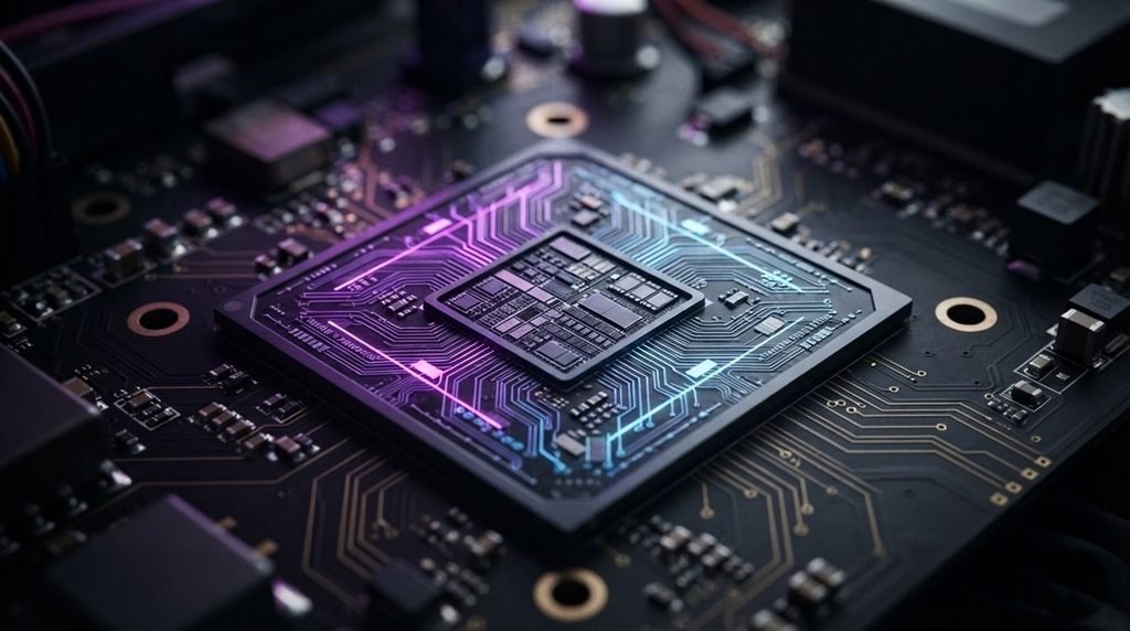 Razor-sharp macro photograph of the central core of an AI security microchip with neon purple and cyber blue lighting accents