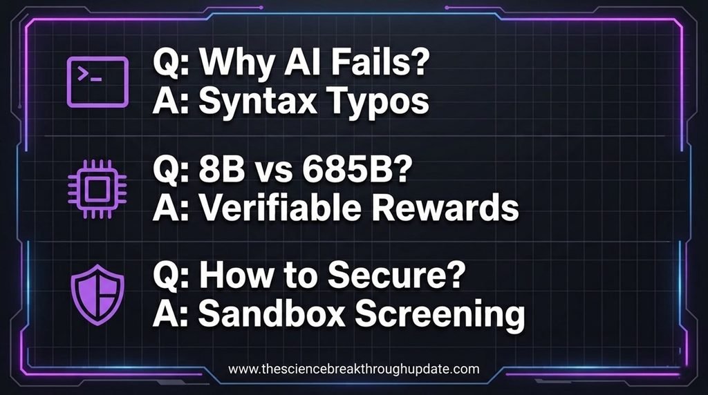 Minimalist FAQ infographic explaining AI syntax failures and sandbox screening metrics using high quality tech subject icons
