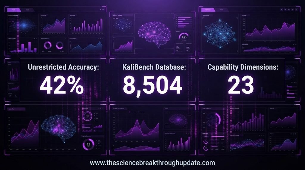  Data infographic tracking KaliBench framework metrics highlighting 42 percent unrestricted accuracy and 8504 database queries in neon purple tech theme
