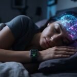 Sleep trackers fail as a sleeping person experiences active neon blue neural network wave signals across the brain overnight.