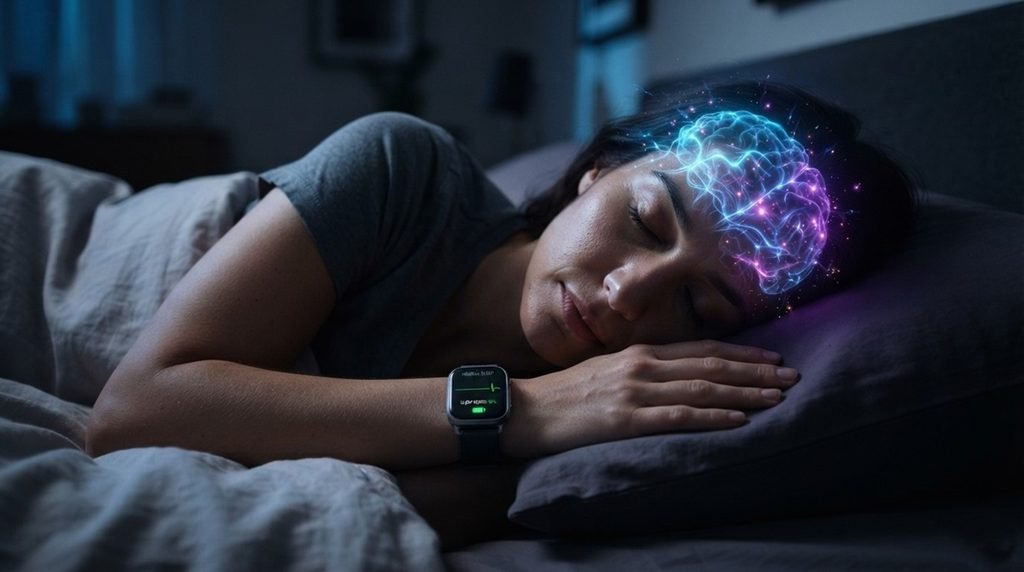 Sleep trackers fail as a sleeping person experiences active neon blue neural network wave signals across the brain overnight.