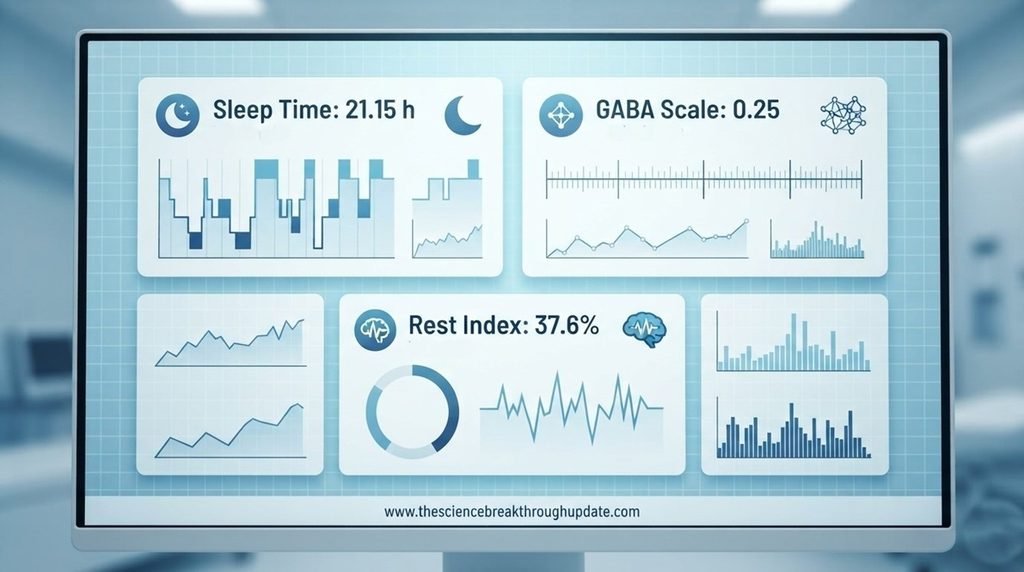 A clinical white data dashboard showing normal sleep duration on a tracker compared against a deep collapse in the rest index.