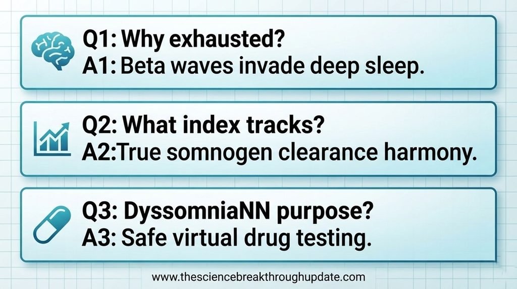 An educational medical FAQ infographic layout answering core questions about brain hyperarousal and the DyssomniaNN sleep simulation model.