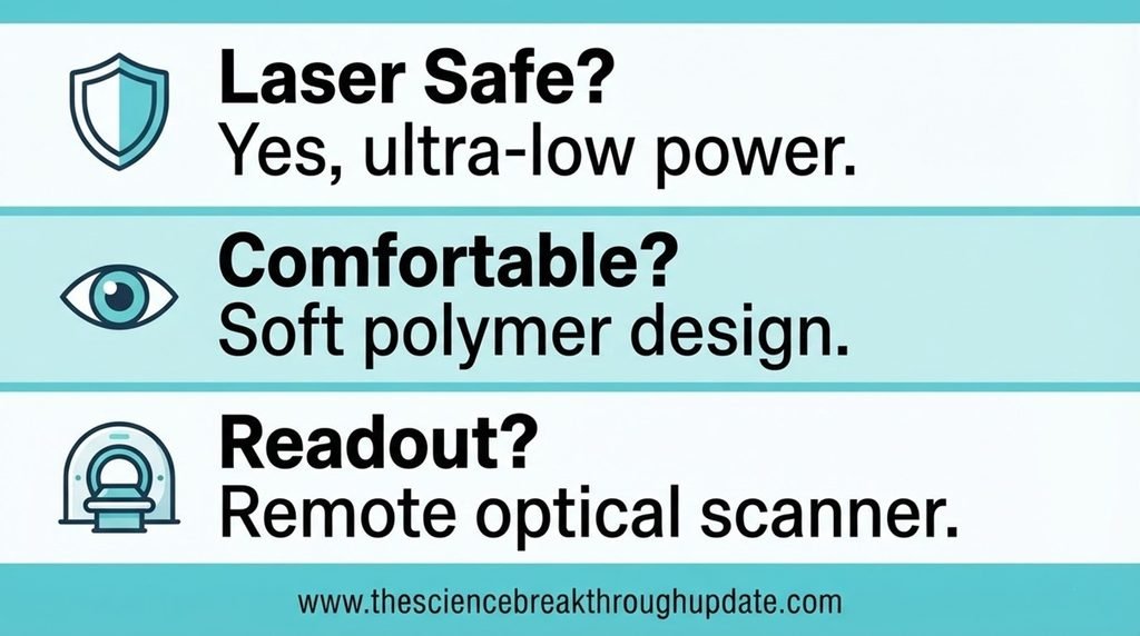 • Comprehensive medical FAQ explainer graphic clarifying the safety, material comfort, and remote scanner optical readout system of the smart micro-laser contact lens for tracking glaucoma.
