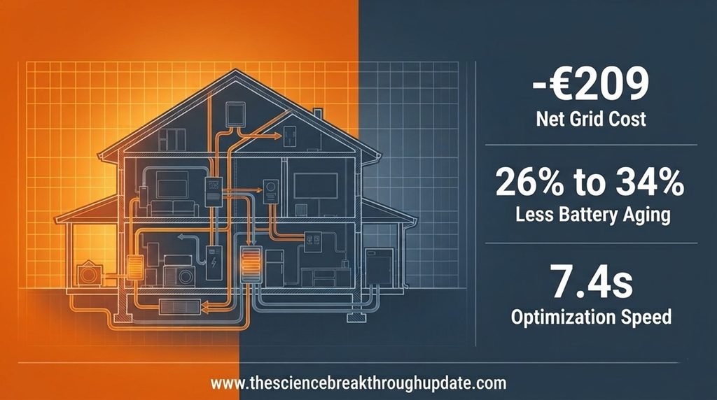 Technical data infographic dashboard displaying negative 209 euro net grid cost optimization metrics and battery degradation reduction rates.