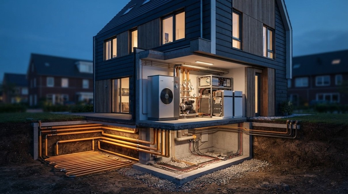 Modern residential smart home cutaway cross-section in the Netherlands showcasing integrated heat pump networks and underground seasonal thermal energy storage conduits.