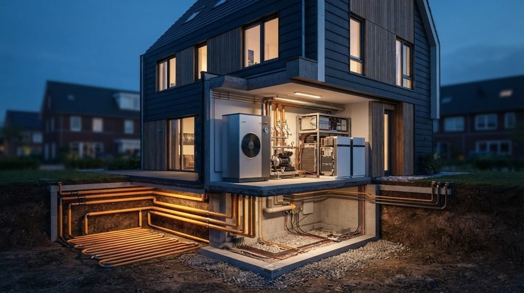  Modern residential smart home cutaway cross-section in the Netherlands showcasing integrated heat pump networks and underground seasonal thermal energy storage conduits.