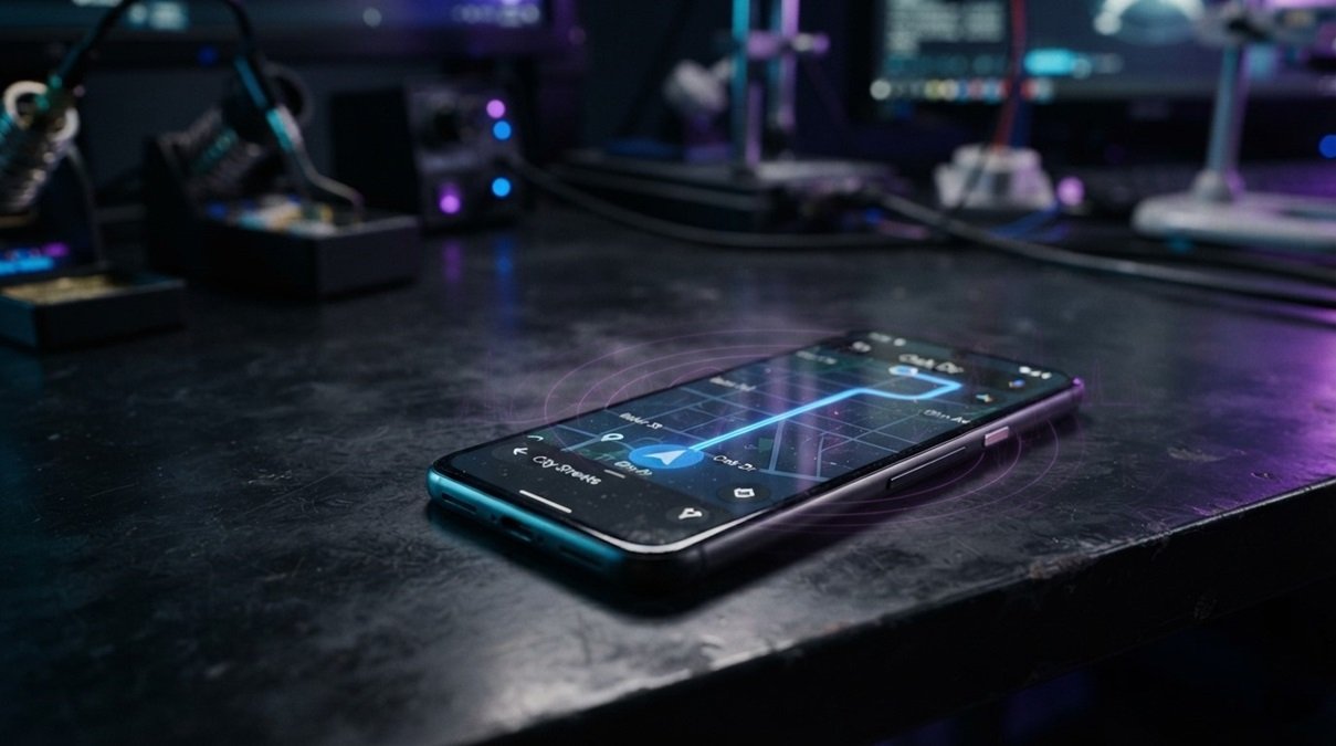 • Commercial smartphone on a laboratory desk displaying a live mobile navigation map with a location pointer drifting away due to external radio frequency interference