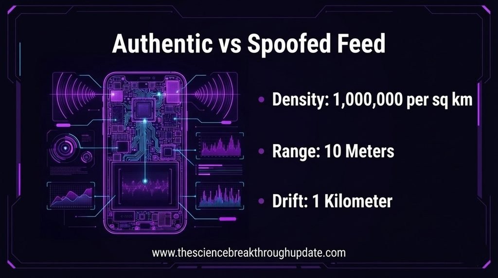 Technical data infographic showing urban device density of 1,000,000 per sq km, a 10-meter spoofing range, and a 1-kilometer trajectory drift vector displacement
