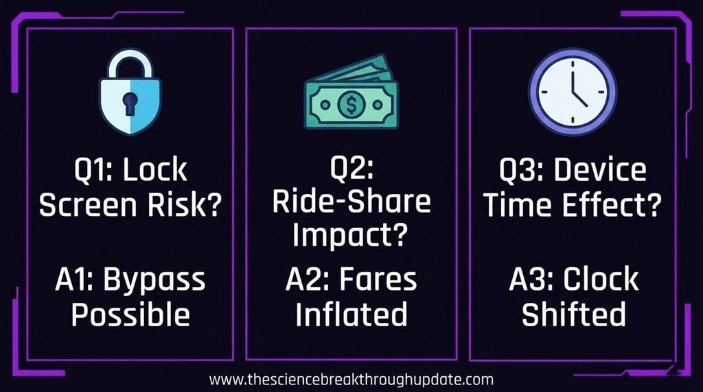 Educational Q and A infographic charting mobile cybersecurity threats including lock screen bypass risks, ride-share fare inflation, and device clock time shifts