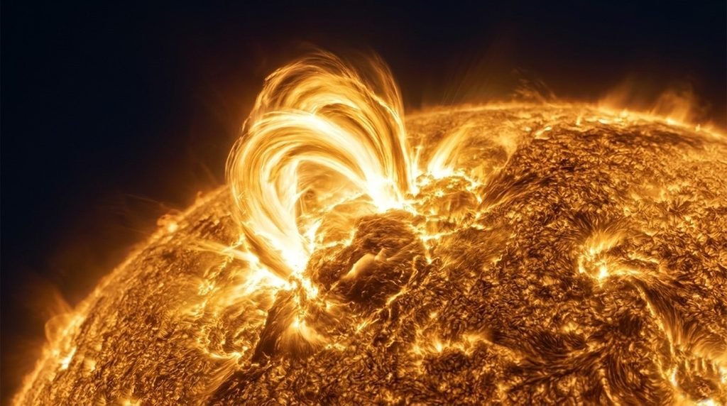 Hyper-detailed cinematic close-up of a massive X1.8-class solar flare eruption revealing twisted magnetic field lines on the solar surface.