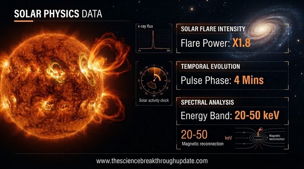 Technical space science infographic grid plotting a solar energy curve showing Flare Power X1.8, Pulse Phase 4 Mins, and Energy Band 20-50 keV.